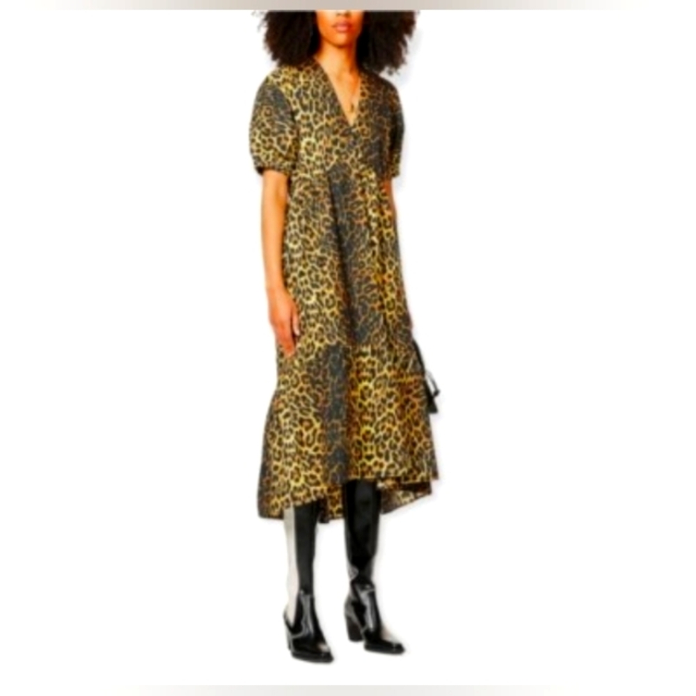 Topshop Brown Black Puff Sleeve Midi Sundress Prarie Boho Animal Print Size 4